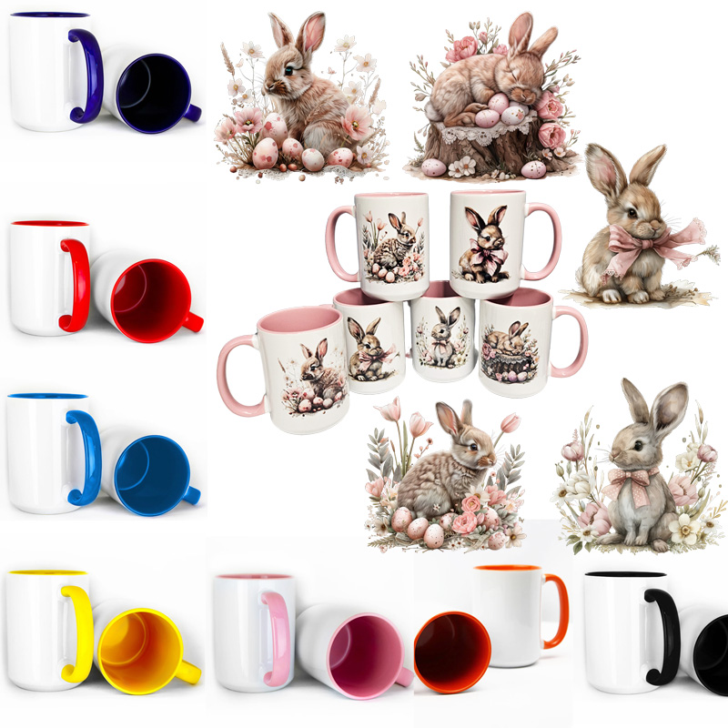 Ceramic Mug Printed Easter Pink Farmhouse Pink Easter Bunnies 15 oz Capacity 6 Designs Colored Inner & Handle (You Pick) *minimum order 6 units* (order in increments of 6) - Image 2