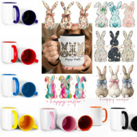 Ceramic Mug Printed Easter Three Easter Bunnies Back Profile Contemporary 15 oz Capacity 6 Designs Colored Inner & Handle (You Pick) *minimum order 6 units* (order in increments of 6)