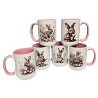 Ceramic Mug Printed Easter Pink Farmhouse Pink Easter Bunnies 15 oz Capacity 6 Designs Colored Inner & Handle (You Pick) *minimum order 6 units* (order in increments of 6)