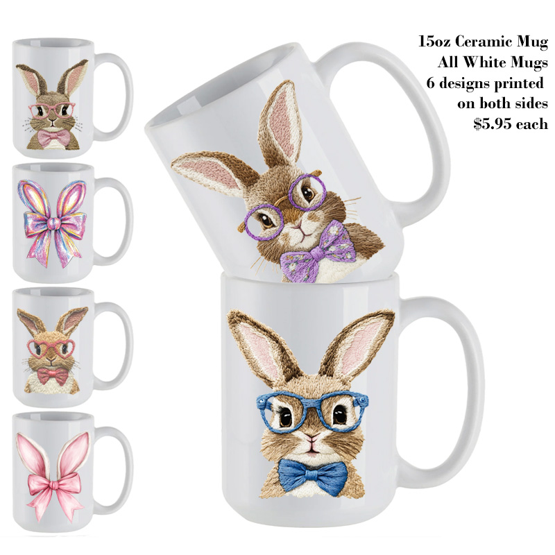 Ceramic Mug Printed Easter Faux Stitched Bespectacled Bunny and Bunny Ears 15 oz Capacity 6 Designs *minimum order 6 units* (order in increments of 6)