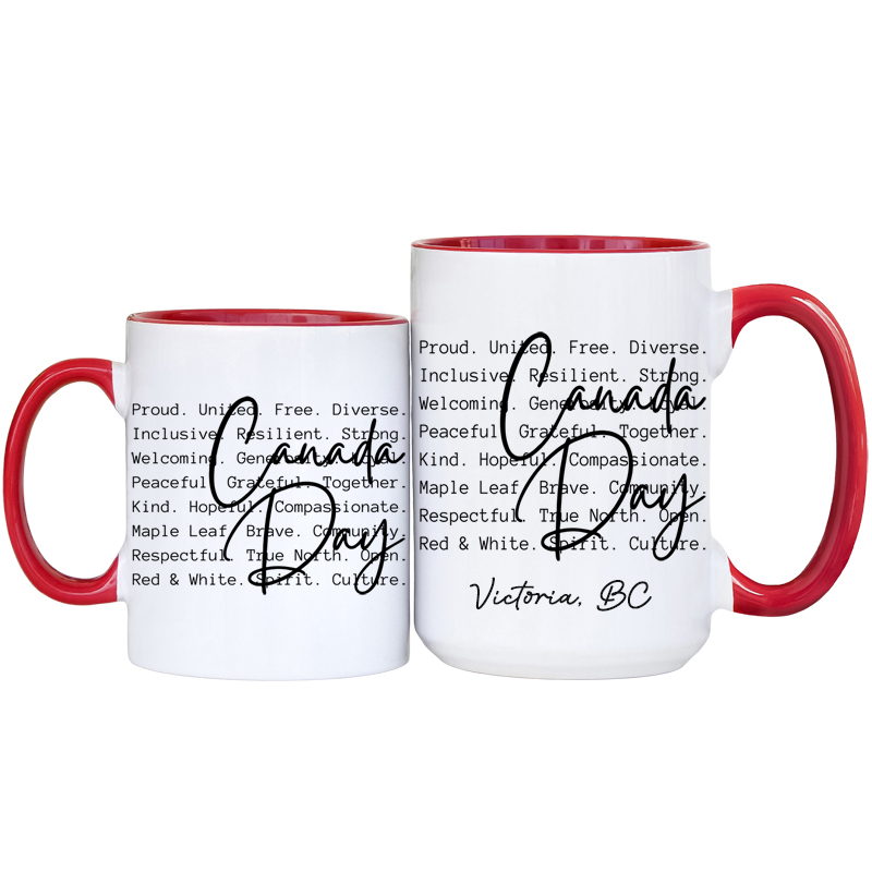 Ceramic Mug Printed 1 Design Canada Day BW National Identity Iconic Words 15oz Capacity Red Inner & Handle *minimum order 6 mugs* (order in increments of 6) - Image 3