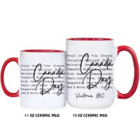 Ceramic Mug Printed 1 Design Canada Day BW National Identity Iconic Words 11oz Capacity Red Inner & Handle *minimum order 6 mugs* (order in increments of 6)
