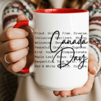 Ceramic Mug Printed 1 Design Canada Day BW National Identity Iconic Words 15oz Capacity Red Inner & Handle *minimum order 6 mugs* (order in increments of 6)