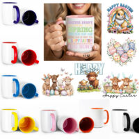 Ceramic Mug Printed Pastel Easter Juvenile Designs 15oz Capacity 6 Designs Colored Inner & Handle (You Pick) *minimum order 6 units* (order in increments of 6)