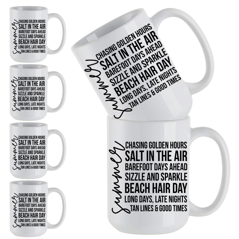 Ceramic Mug Printed Summer 1 Design Summer Script with Iconic Words 15oz Capacity *minimum order 6 mugs* (order in increments of 6)