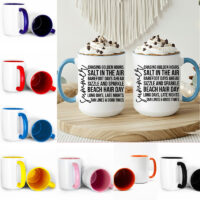 Ceramic Mug Printed Summer 1 Design Summer Script with Iconic Words 15oz Capacity Coloured Inner and Handle (You Pick!) *minimum order 6 mugs* (order in increments of 6)