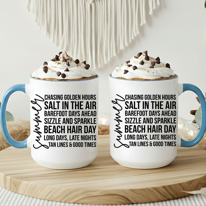Ceramic Mug Printed Summer 1 Design Summer Script with Iconic Words 15oz Capacity Coloured Inner and Handle (You Pick!) *minimum order 6 mugs* (order in increments of 6) - Image 2