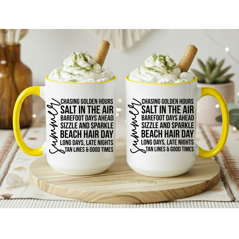 Ceramic Mug Printed Summer 1 Design Summer Script with Iconic Words 15oz Capacity Coloured Inner and Handle (You Pick!) *minimum order 6 mugs* (order in increments of 6) - Image 3