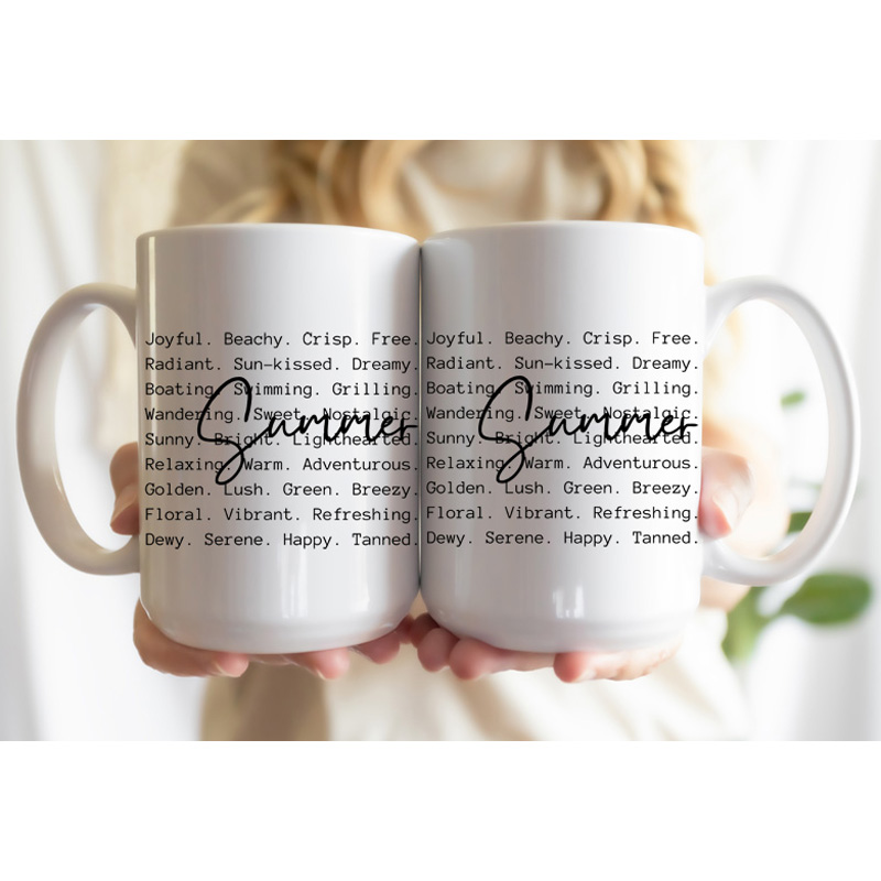 Ceramic Mug Printed Summer 1 Design Summer Script Over Typewriter Style Iconic Words 15oz Capacity *minimum order 6 mugs* (order in increments of 6) - Image 2