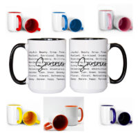 Ceramic Mug Printed Summer 1 Design Summer Script Over Typewriter Style Iconic Words 15oz Capacity Coloured Inner and Handle (You Pick!) *minimum order 6 mugs* (order in increments of 6)