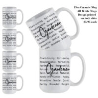 Ceramic Mug Printed Summer 1 Design Gardener Script Over Typewriter Style Iconic Words 15oz Capacity *minimum order 6 mugs* (order in increments of 6)