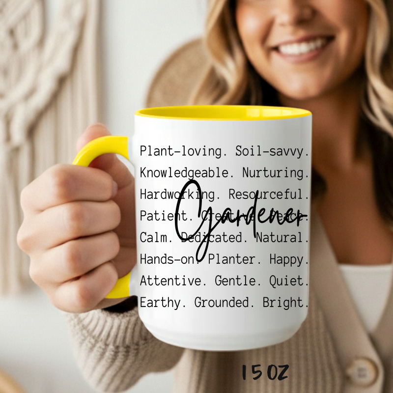 Ceramic Mug Printed Summer 1 Design Gardener Script Over Typewriter Style Iconic Words 15oz Capacity Coloured Inner & Handle *minimum order 6 mugs* (order in increments of 6) - Image 2