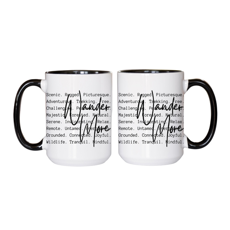 Ceramic Mug Printed Summer 1 Design Wander More Script Over Typewriter Style Iconic Words 15oz Capacity Coloured Inner & Handle *minimum order 6 mugs* (order in increments of 6) - Image 2