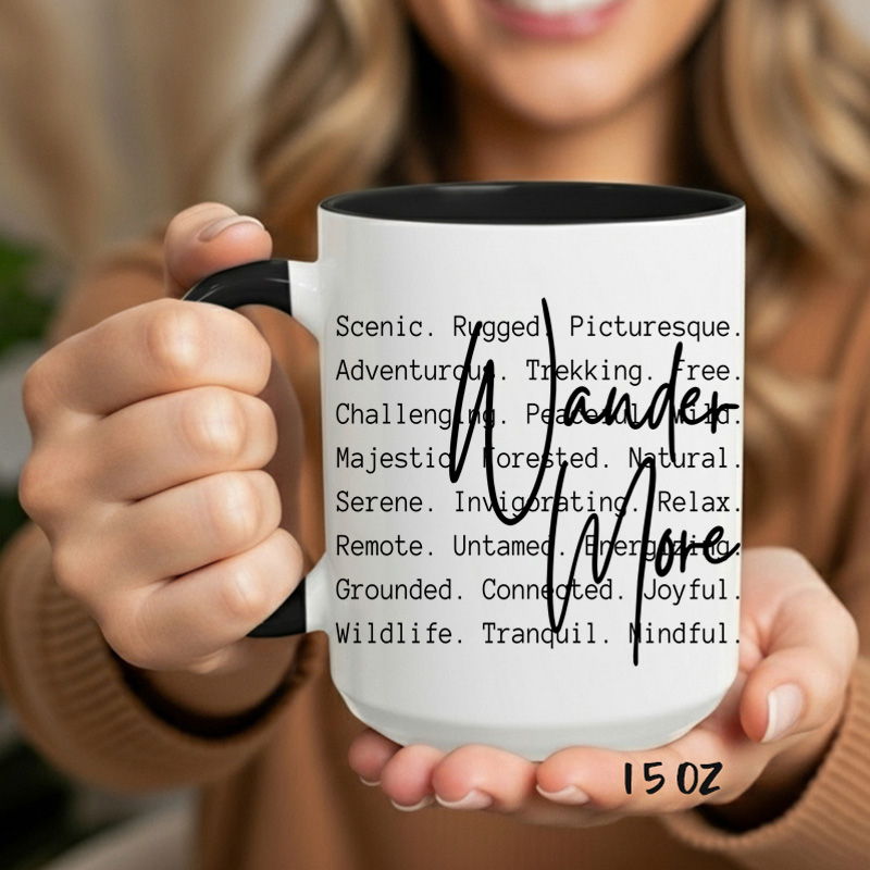Ceramic Mug Printed Summer 1 Design Wander More Script Over Typewriter Style Iconic Words 15oz Capacity Coloured Inner & Handle *minimum order 6 mugs* (order in increments of 6) - Image 3