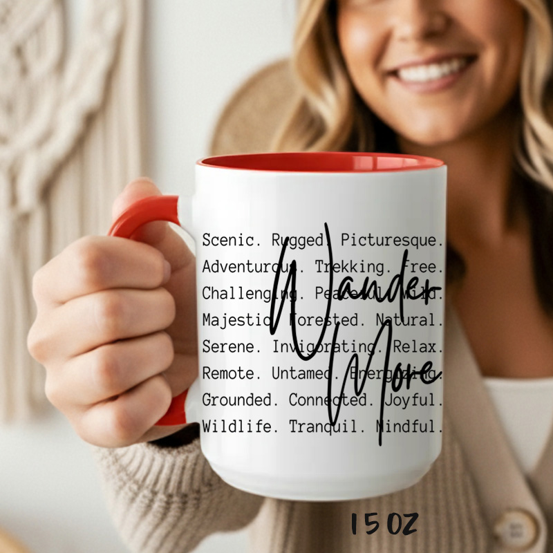 Ceramic Mug Printed Summer 1 Design Wander More Script Over Typewriter Style Iconic Words 15oz Capacity Coloured Inner & Handle *minimum order 6 mugs* (order in increments of 6) - Image 4