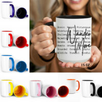 Ceramic Mug Printed Summer 1 Design Wander More Script Over Typewriter Style Iconic Words 15oz Capacity Coloured Inner & Handle *minimum order 6 mugs* (order in increments of 6)