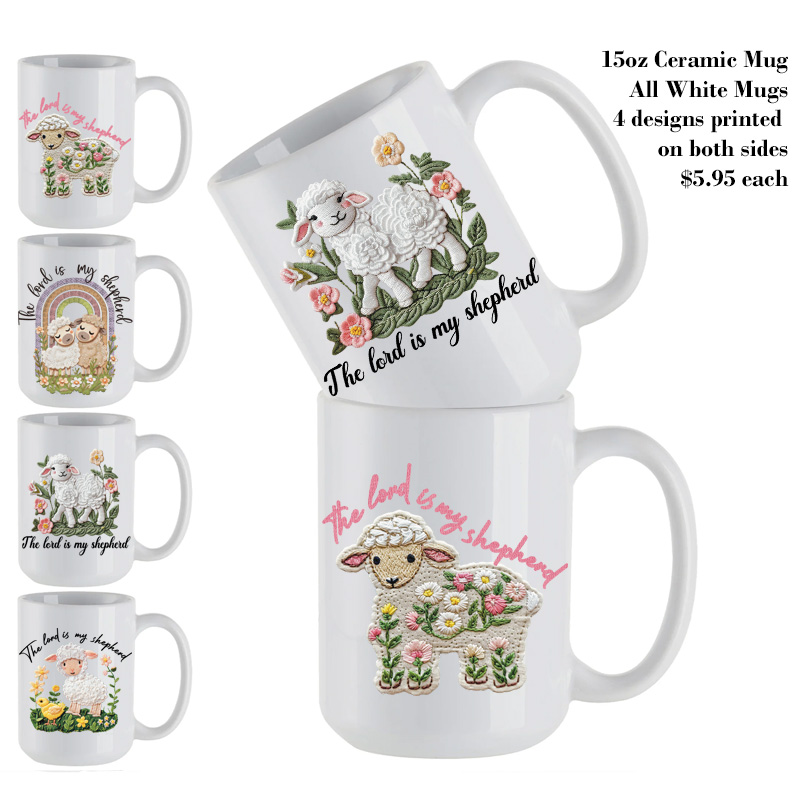 Ceramic Mug Printed Easter The Lord is My Shepherd Faux Stitch Knit Look 15 oz Capacity 4 Designs *minimum order 6 units* (order in increments of 6)