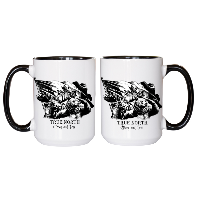 Ceramic Mug Printed True North Buddies Sketch Art Bear Moose Flag Strong & Free 15oz Capacity Coloured Inner & Handle (You Pick!) *minimum order 6 mugs* (order in increments of 6) - Image 2