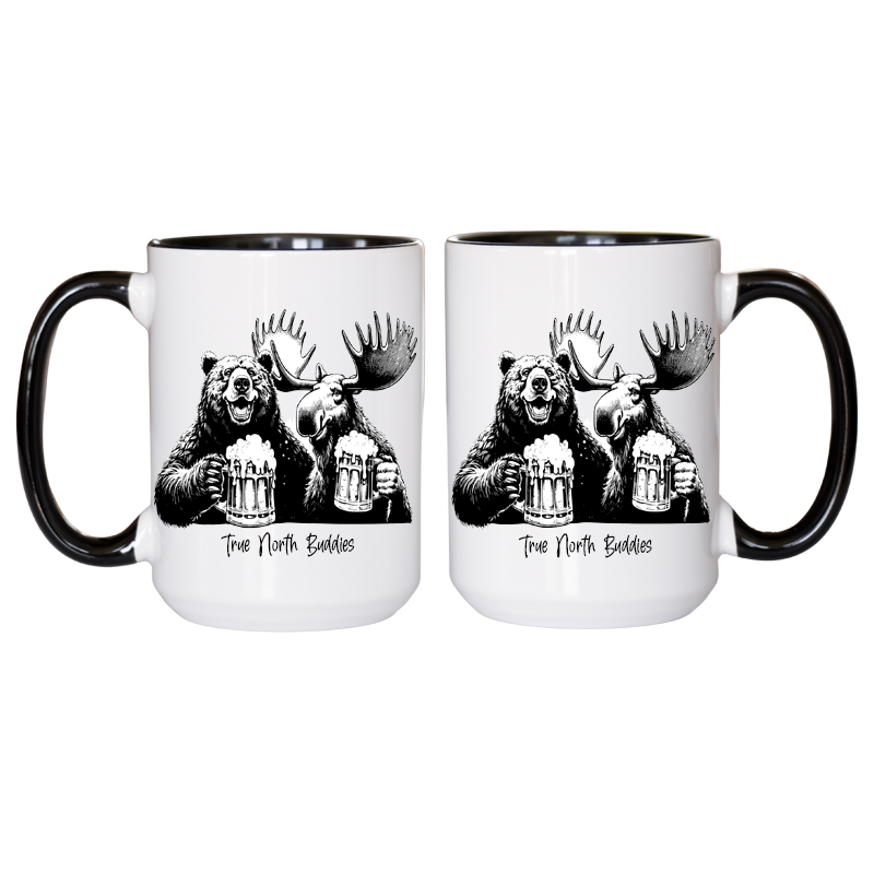Ceramic Mug Printed True North Buddies Sketch Art Bear Moose Cheers! True North 15oz Capacity Coloured Inner & Handle (You Pick!) *minimum order 6 mugs* (order in increments of 6) - Image 2