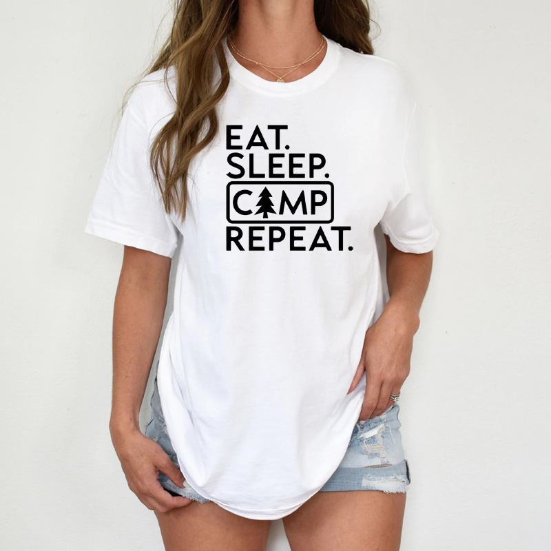 Tee Shirt Printed Adventure Designs - OUTDOOR CAMPING Everything Camping BW Eat. Sleep. Camp. Repeat - Image 3