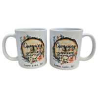 Ceramic Mug Printed 1 Design OUTDOOR CAMPING Wood Slice with Flowers CAMPING IS MY FAVOURITE THERAPY 15 oz Mug FREE Namedrop *minimum order 6 mugs* (order in increments of 6)