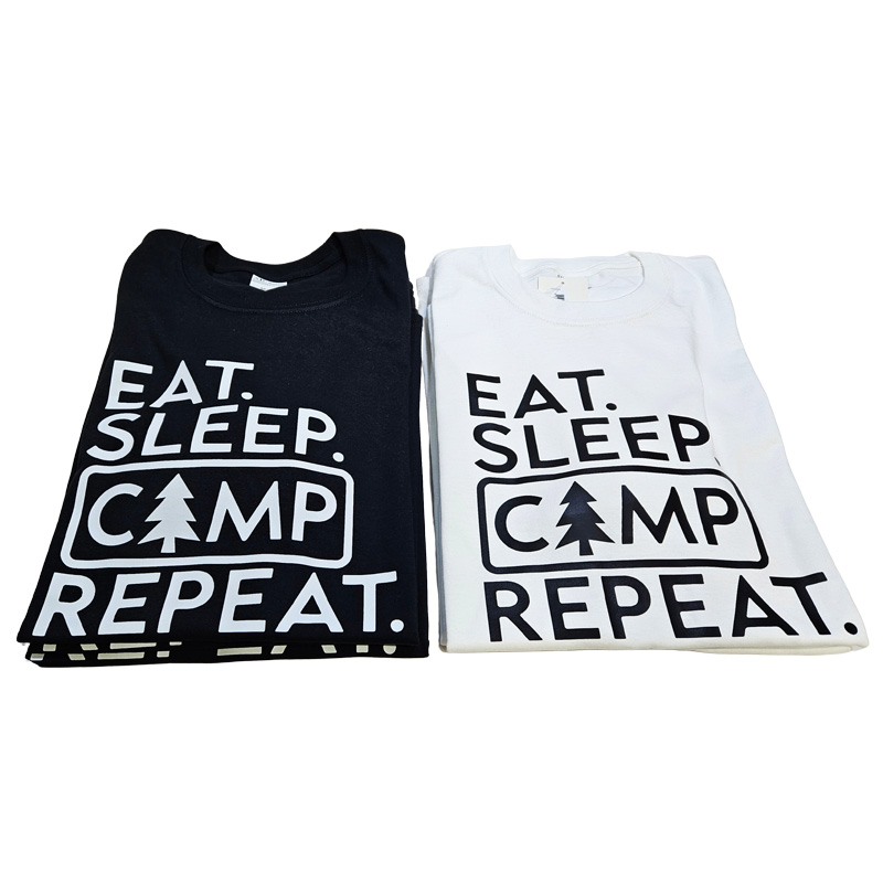 Tee Shirt Printed Adventure Designs - OUTDOOR CAMPING Everything Camping BW Eat. Sleep. Camp. Repeat - Image 2
