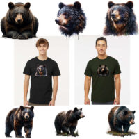Tee Shirt Printed WILDLIFE WOODLAND ANIMALS Majestic Black Bear Art 6 Designs Assortment