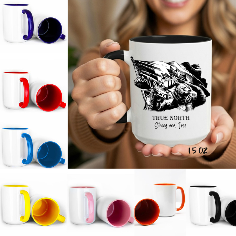 Ceramic Mug Printed True North Buddies Sketch Art Bear Moose Flag Strong & Free 15oz Capacity Coloured Inner & Handle (You Pick!) *minimum order 6 mugs* (order in increments of 6)