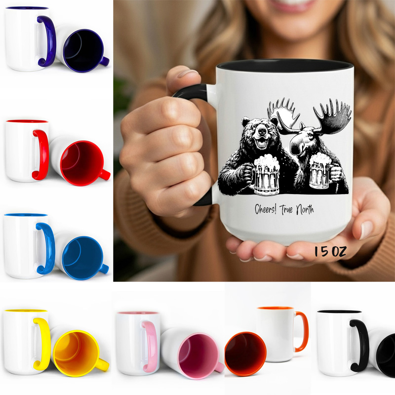 Ceramic Mug Printed True North Buddies Sketch Art Bear Moose Cheers! True North 15oz Capacity Coloured Inner & Handle (You Pick!) *minimum order 6 mugs* (order in increments of 6)