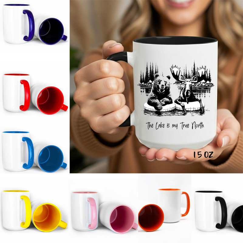 Ceramic Mug Printed True North Buddies Sketch Art Bear Moose Lake is my True North 15oz Capacity Coloured Inner & Handle (You Pick!) *minimum order 6 mugs* (order in increments of 6)