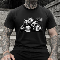 Tee Shirt Printed Adventure Designs - CANADA WILDLIFE WOODLAND True North Buddies Sketch Art Bear Moose Cheers