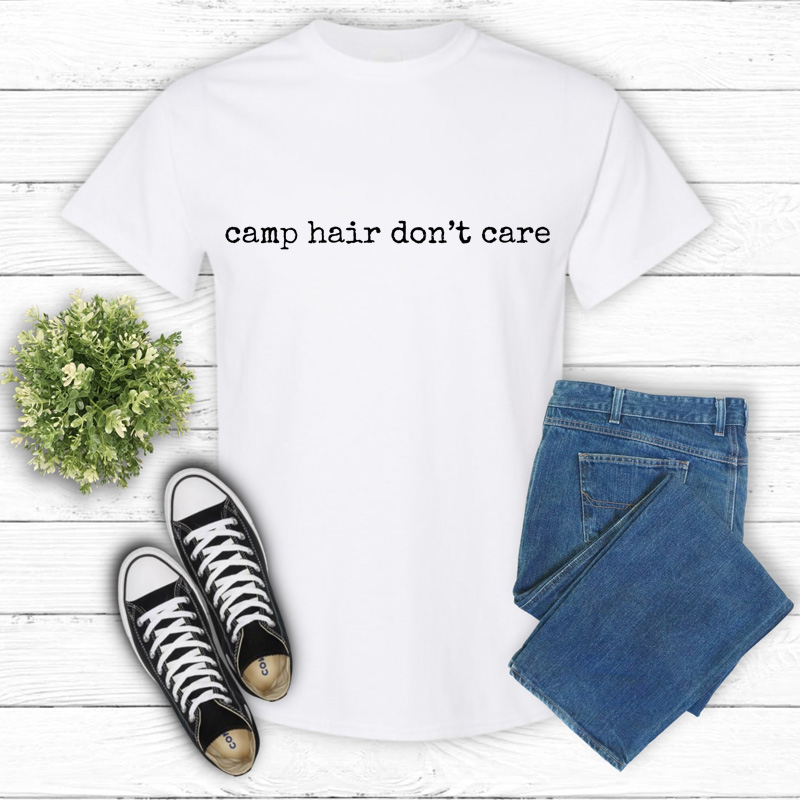 Tee Shirt Printed Adventure Designs - OUTDOOR CAMPING Edgy Minimalist BW Camp Hair Don't Care - Image 3