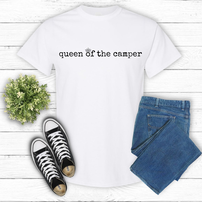 Tee Shirt Printed Adventure Designs - OUTDOOR CAMPING Edgy Minimalist BW Queen of the Camper - Image 3