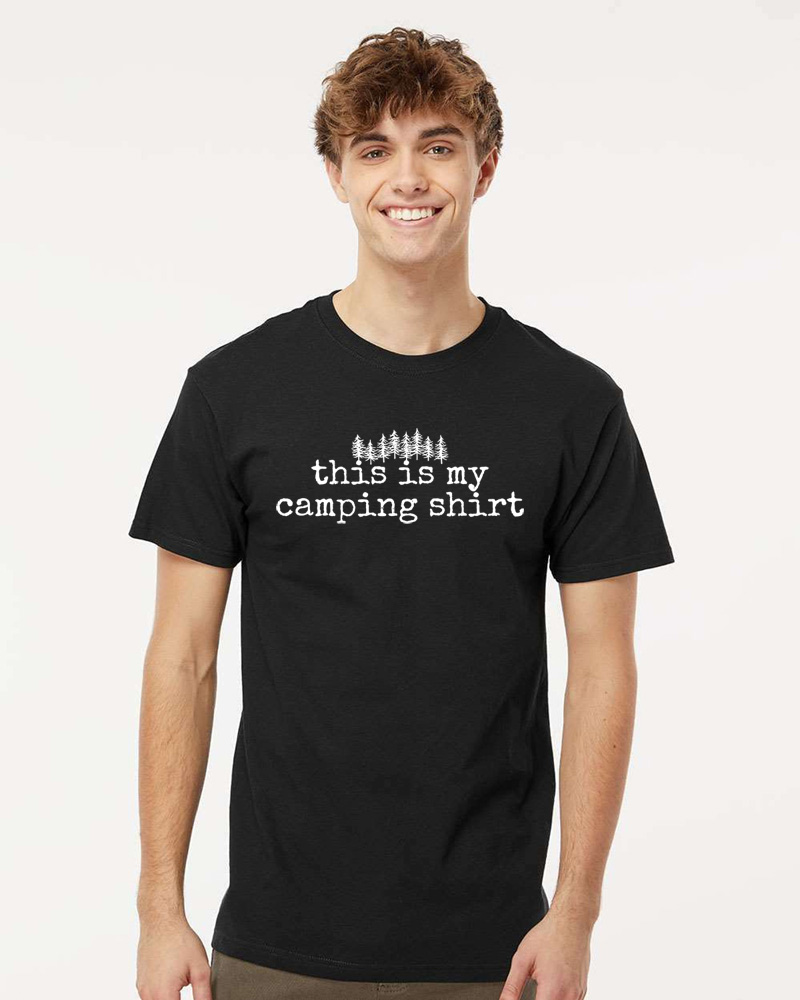 Tee Shirt Printed Adventure Designs - OUTDOOR CAMPING Edgy Minimalist BW This is My Camping Shirt with Trees Imagery