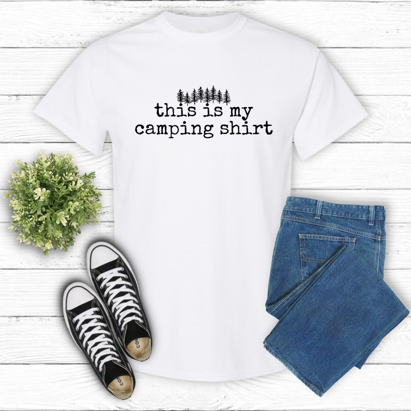 Tee Shirt Printed Adventure Designs - OUTDOOR CAMPING Edgy Minimalist BW This is My Camping Shirt with Trees Imagery - Image 3